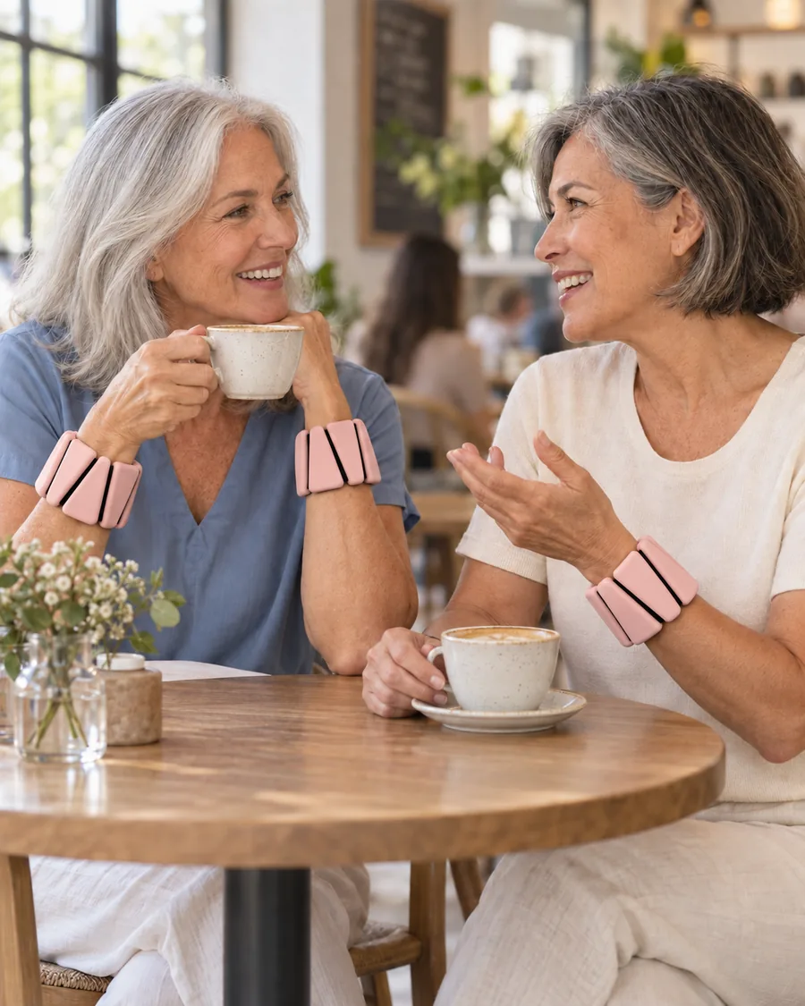 Two women in their sixties talking over coffee, each with a pink band on her wrist