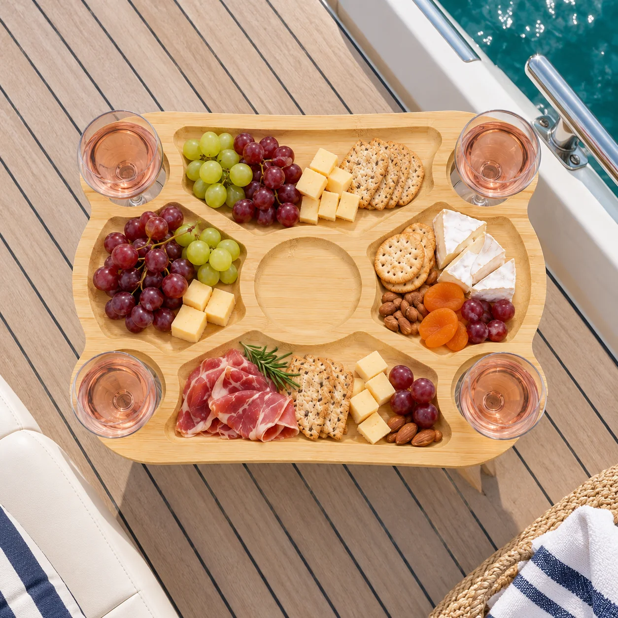 The table seen from above on a boat deck, grapes, cheese, crackers and ham sitting in its recessed sections
