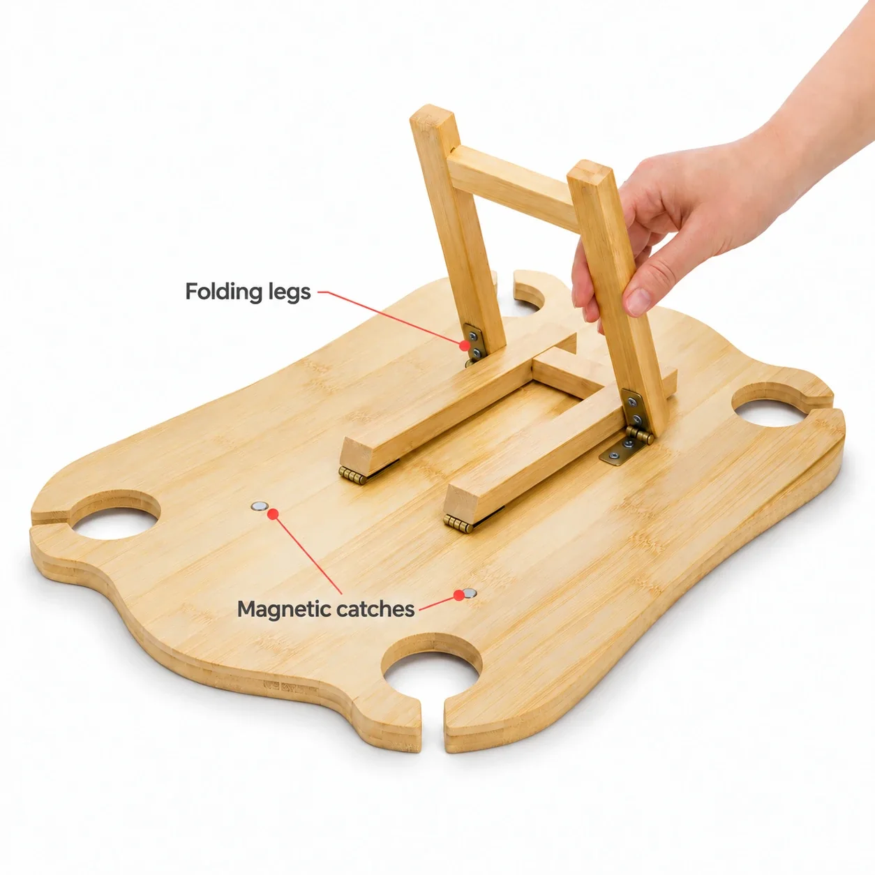 A hand folding one leg out from the underside of the table, with the folding legs and the magnetic catches labelled