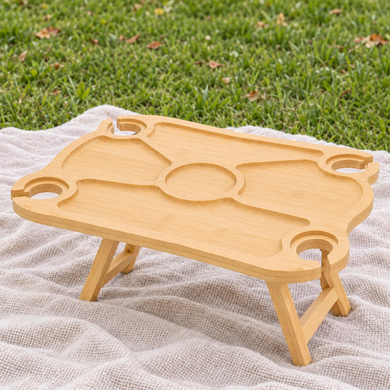The empty bamboo picnic table standing on a blanket on the grass