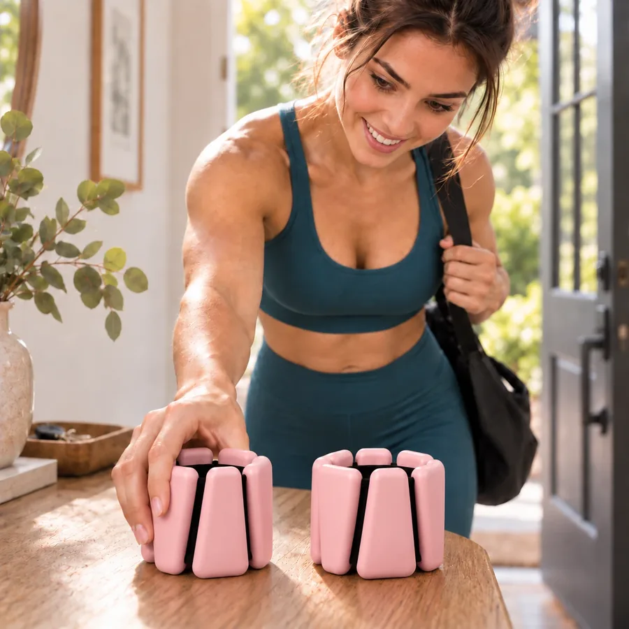A woman picking a pair of pink bands up off the hall table on her way out of the door, gym bag on her shoulder
