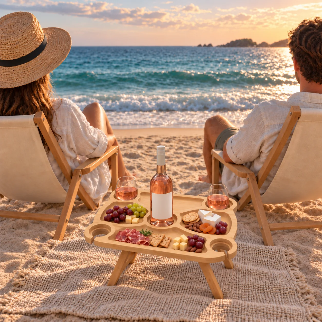 The table on a beach at sunset with a bottle of wine standing in its centre and two deck chairs behind