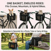 Grey cat commuting in the bike basket, the basket as a picnic tote, and a small dog carried at a farmers market
