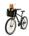 Ginger cat sitting in the Goodsible 3-in-1 pet bike basket mounted on bike handlebars